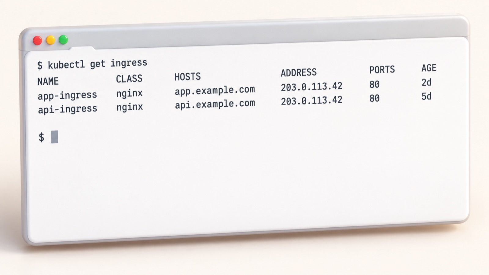 Терминал с результатом kubectl get ingress и внешним IP Ingress