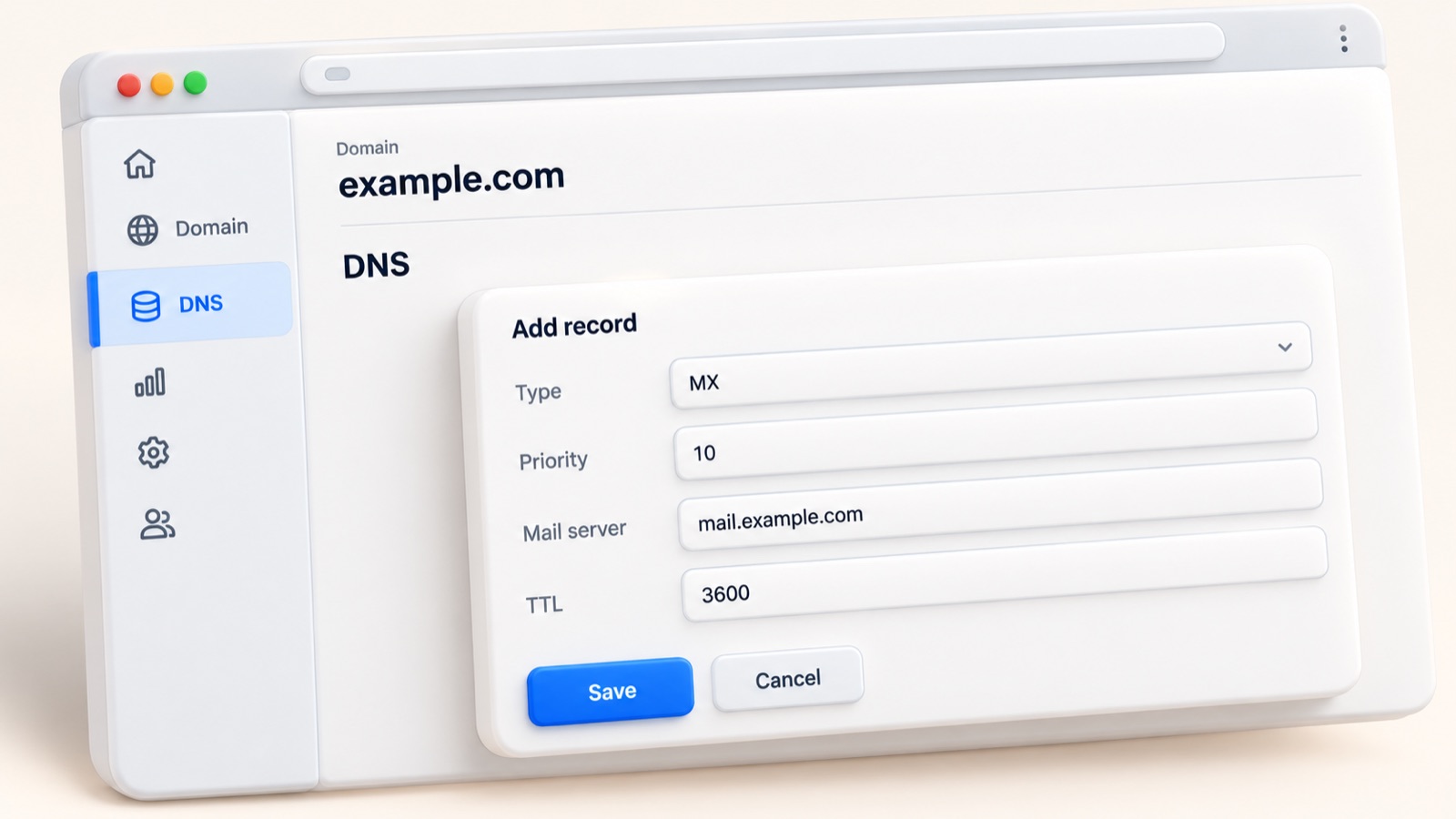 Форма добавления MX-записи в панели управления DNS-хостинга