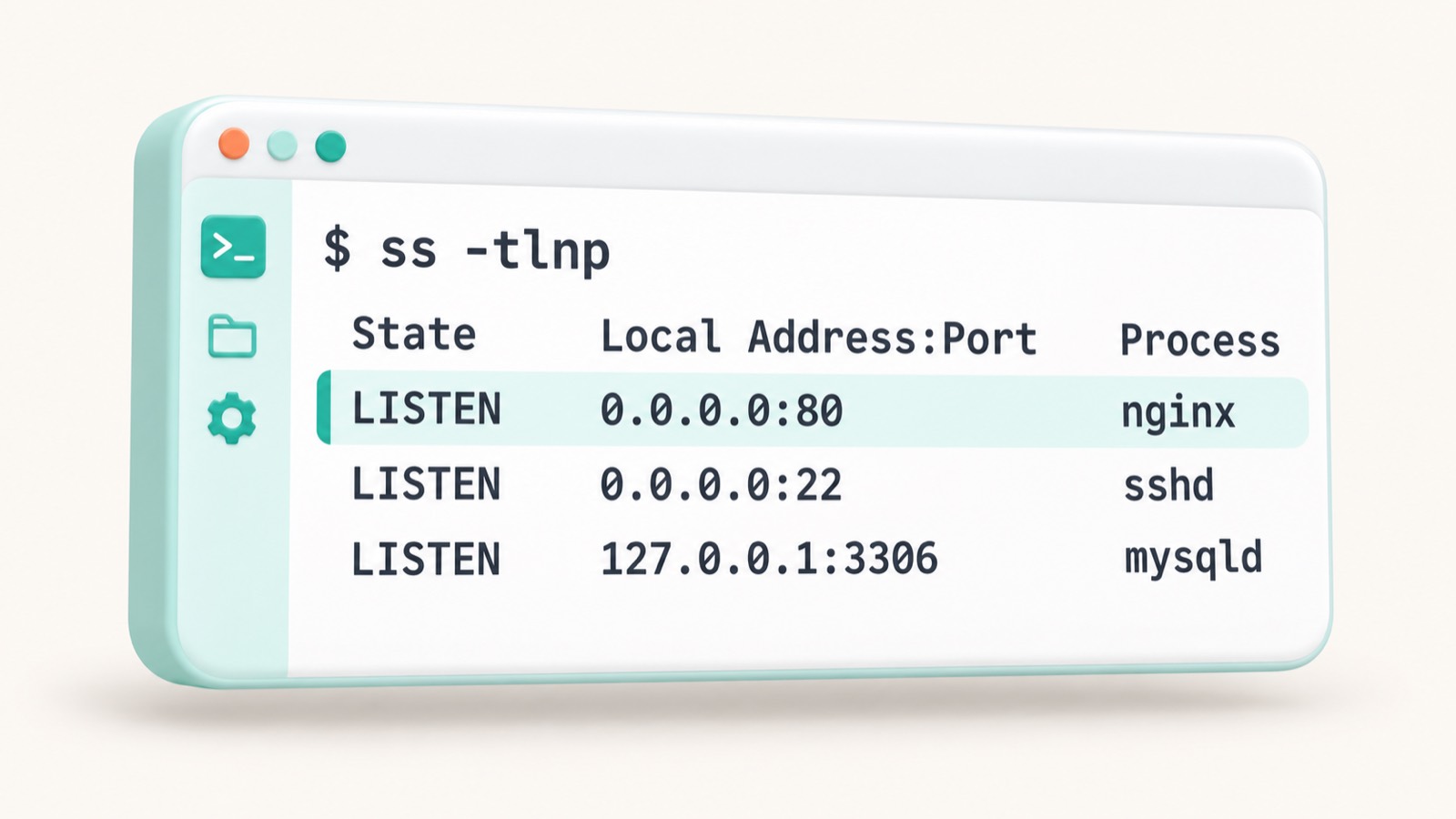 Терминал Linux с выводом ss -tlnp, где порт 80 слушает на 0.0.0.0, а порт 3306 на 127.0.0.1