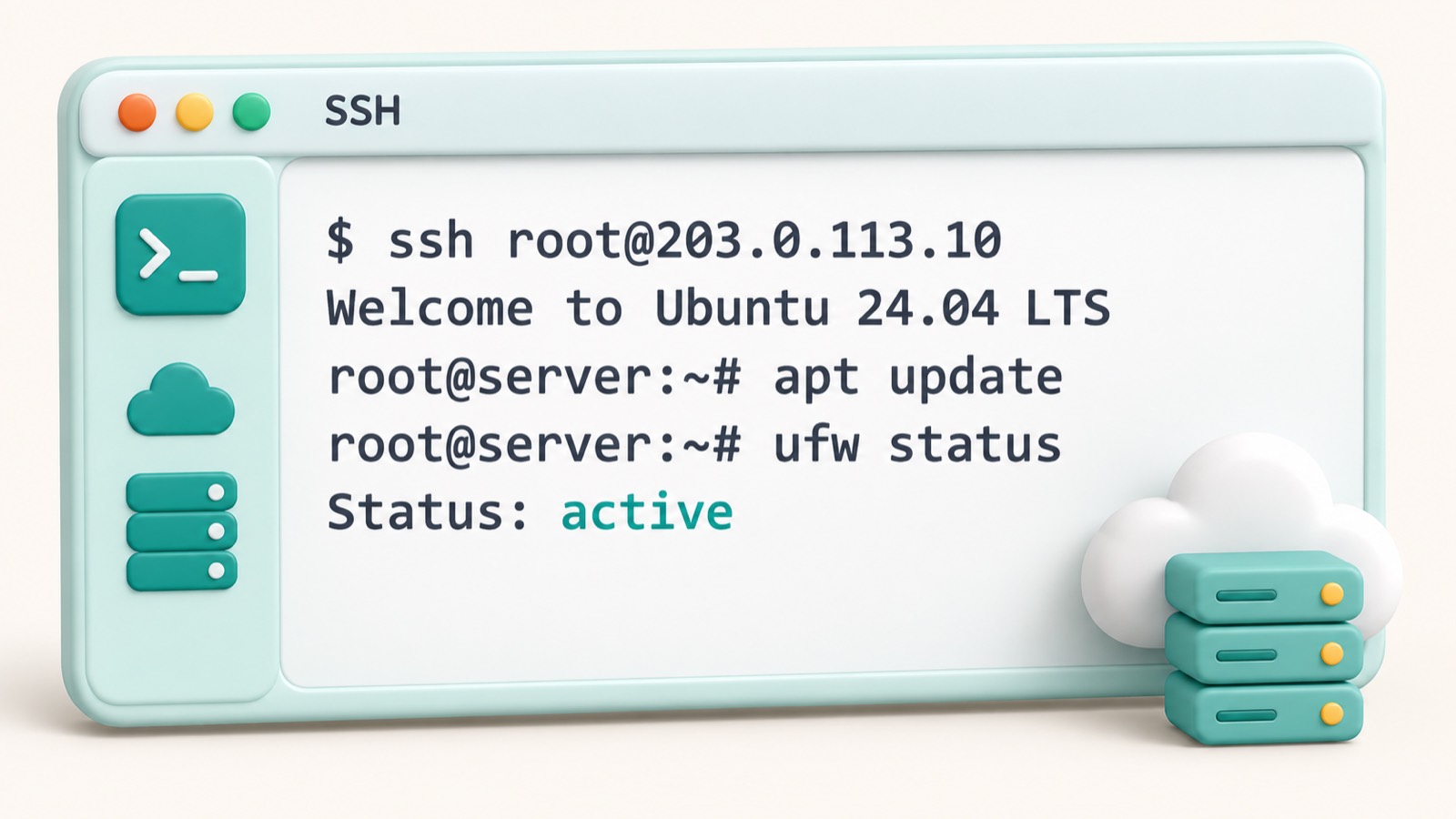 Терминал с SSH-подключением к облачному серверу на Ubuntu 24.04