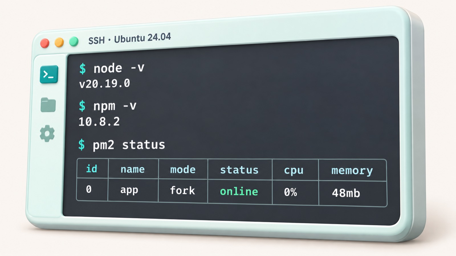 Терминал Ubuntu с выводом команд node -v, npm -v и pm2 status