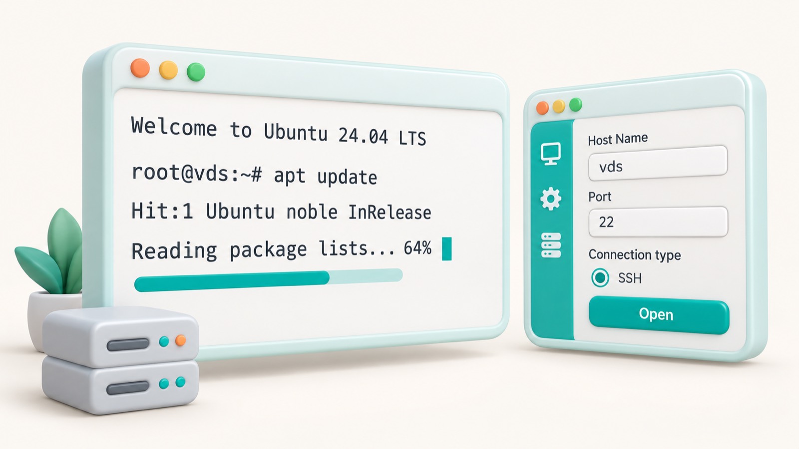 Окно терминала PuTTY с подключением к VDS на Ubuntu 24.04 по порту 22