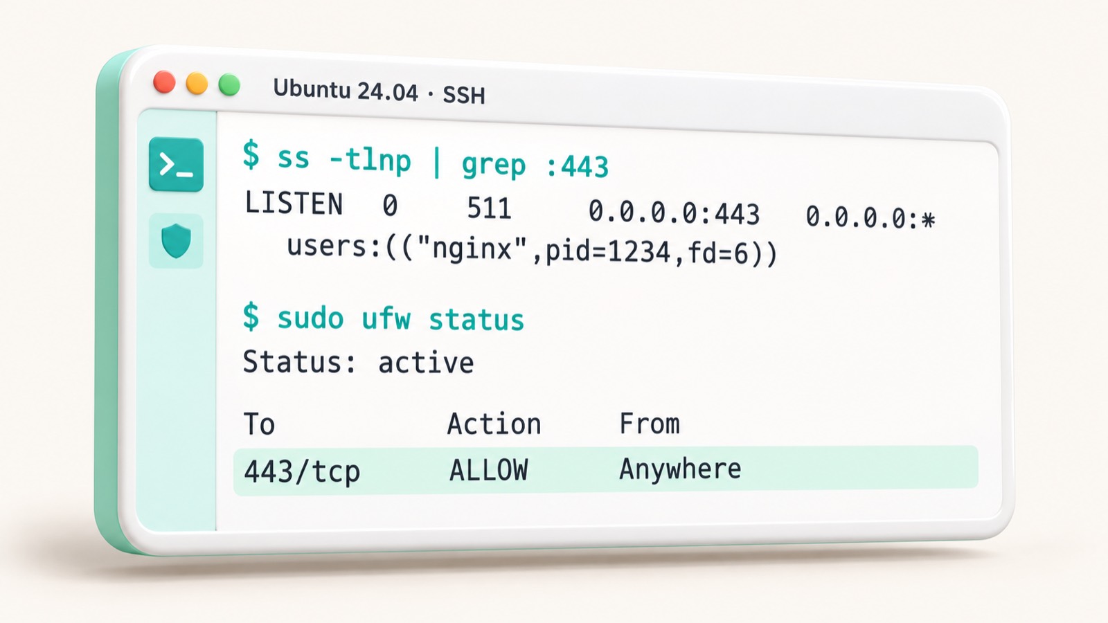 Терминал Ubuntu: вывод команд ss и ufw status с открытым портом 443