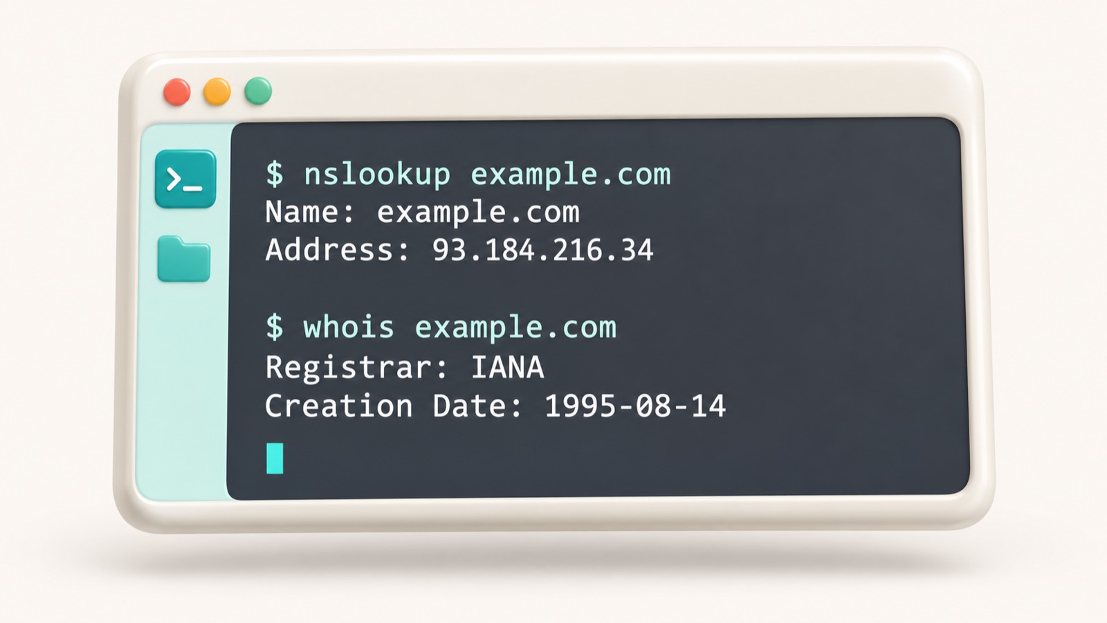 Терминал с выводом команд nslookup и whois для домена example.com
