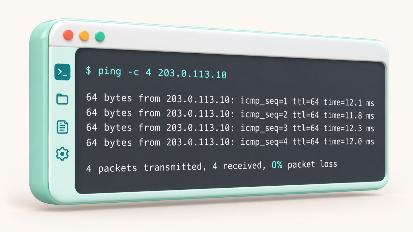 Окно терминала с результатом команды ping для адреса 203.0.113.10