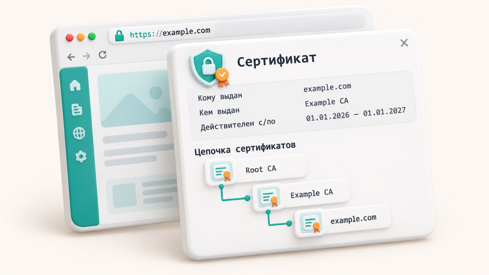 Окно сведений о сертификате сайта example.com в браузере