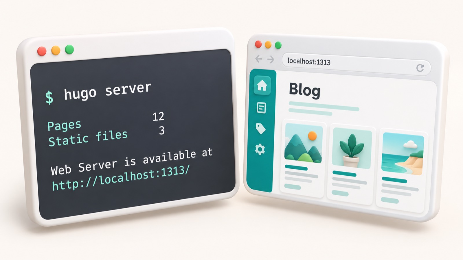 Терминал с запущенной командой hugo server и адресом localhost:1313