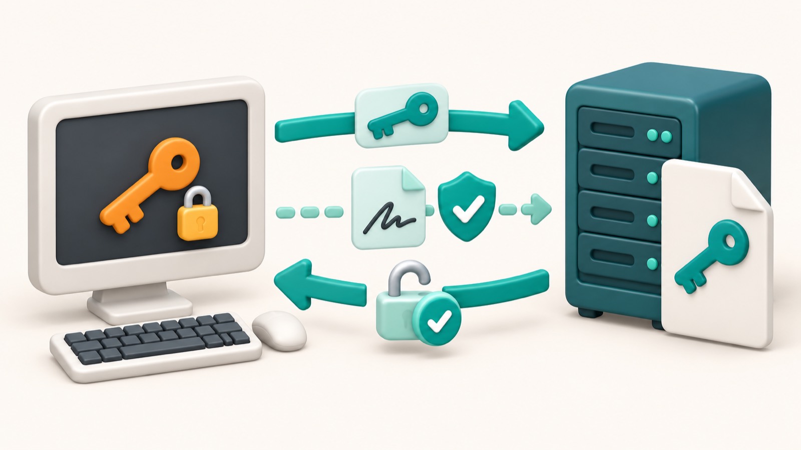Схема проверки SSH-ключа между компьютером и сервером