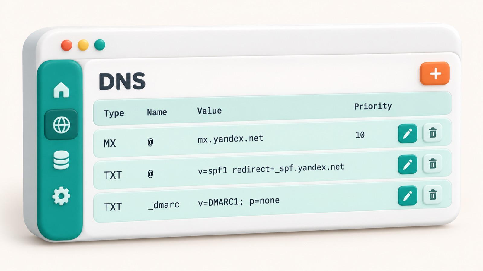 Список DNS-записей MX, SPF и DMARC для почты Яндекса в панели регистратора