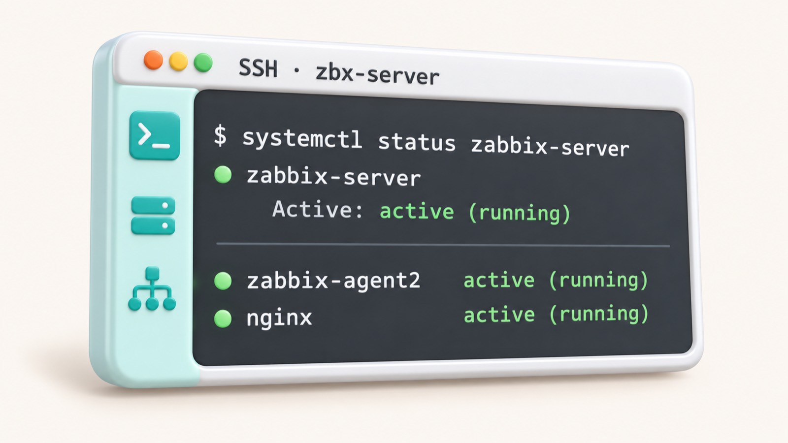 Терминал с проверкой статуса службы zabbix-server на Ubuntu