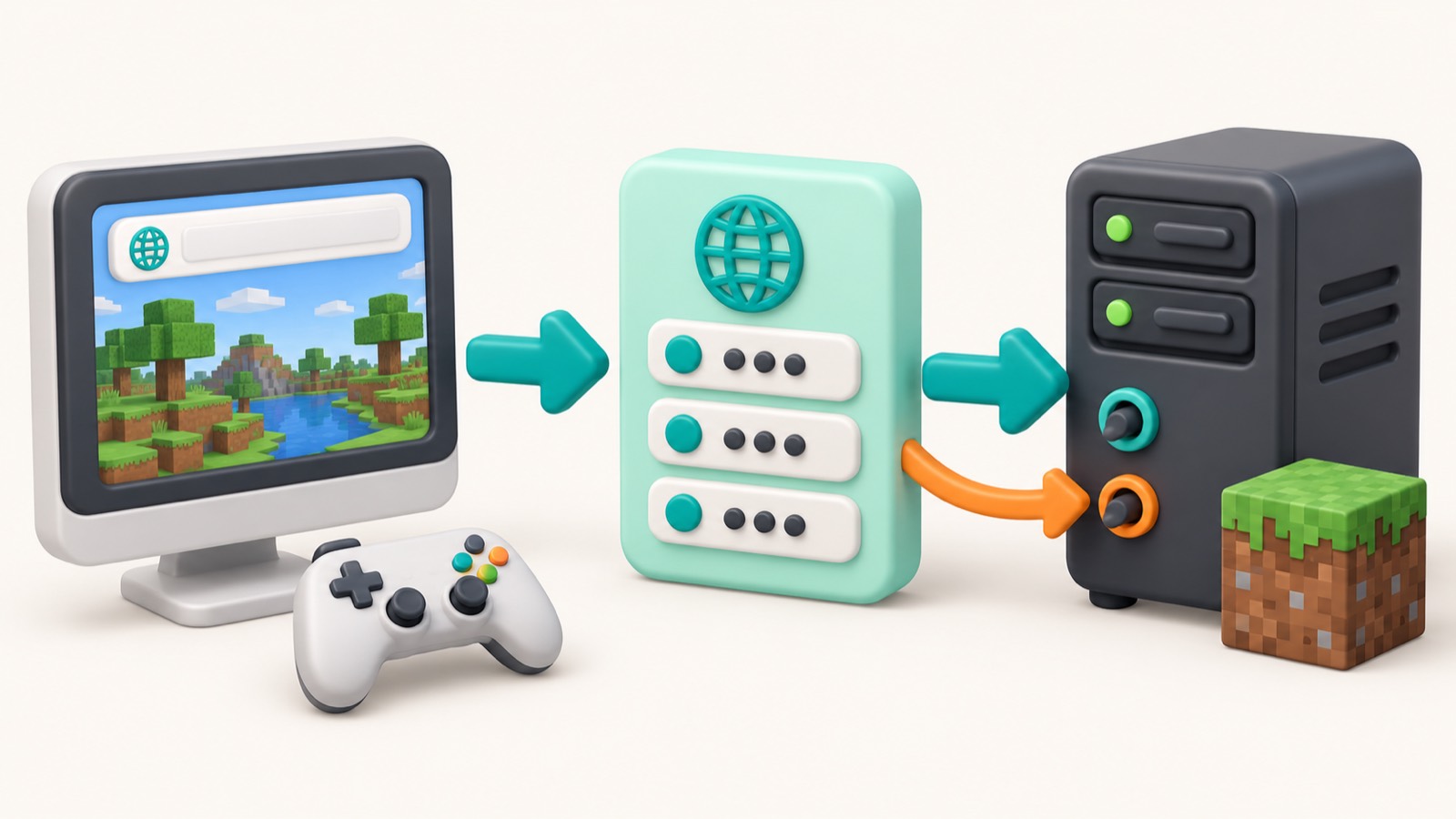 Схема работы DNS: игрок, A-запись и сервер Minecraft на порту 25565