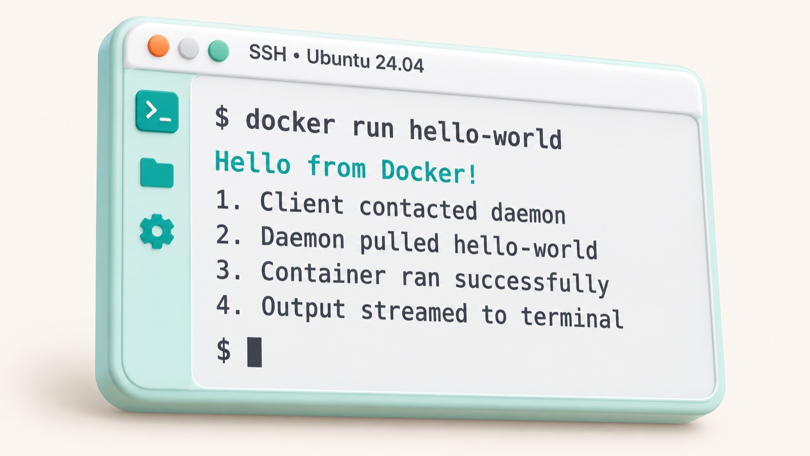 Терминал с выводом команды docker run hello-world на сервере с Ubuntu
