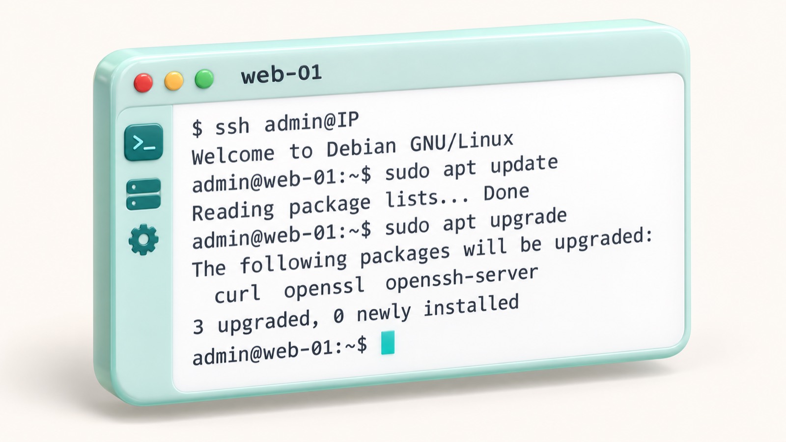 Терминал с SSH-подключением к Debian и командами apt update и apt upgrade