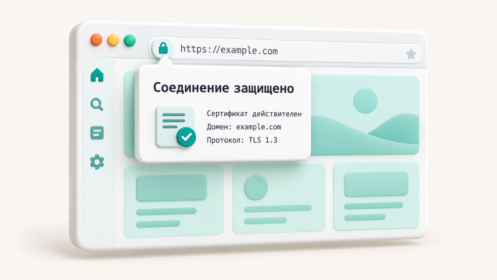 Адресная строка браузера с замком и карточкой защищённого соединения HTTPS