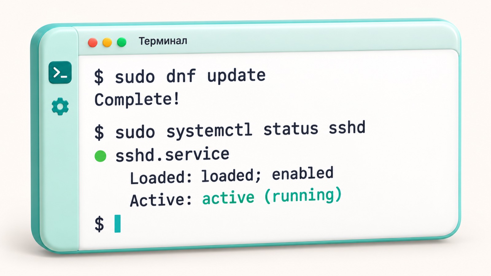 Терминал РЕД ОС с командами dnf update и systemctl status sshd