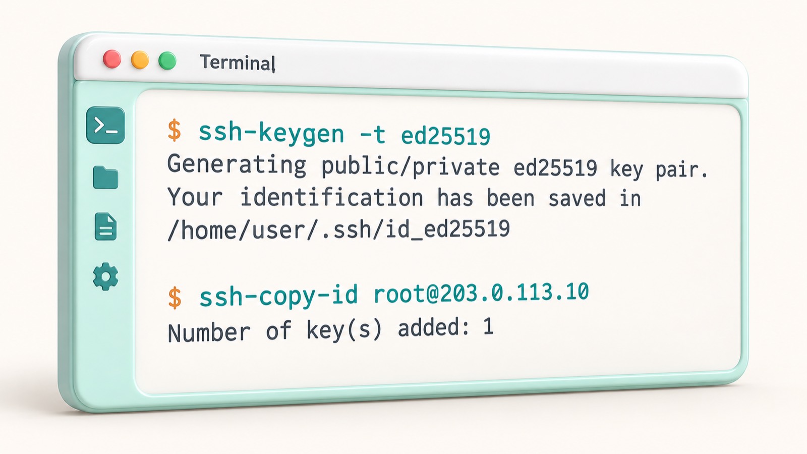 Терминал с командами ssh-keygen и ssh-copy-id для входа по ключу