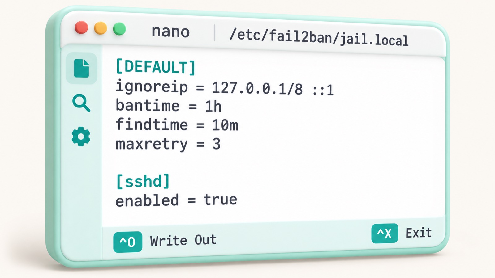 Редактор nano с настройками fail2ban в файле jail.local