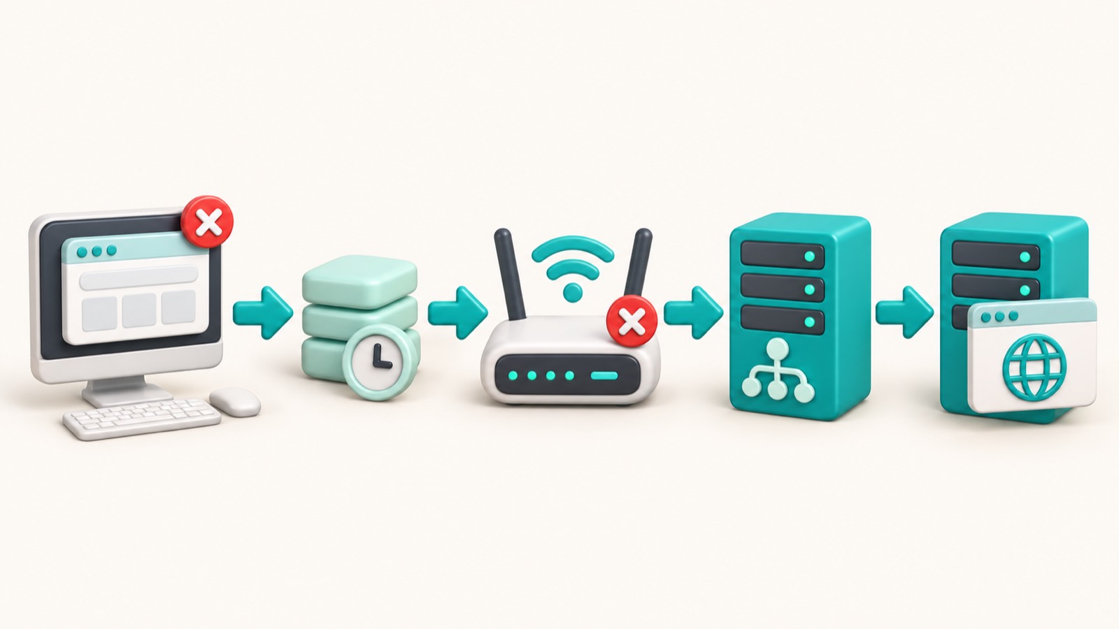 Схема пути DNS-запроса от браузера через роутер к DNS-серверу и сайту