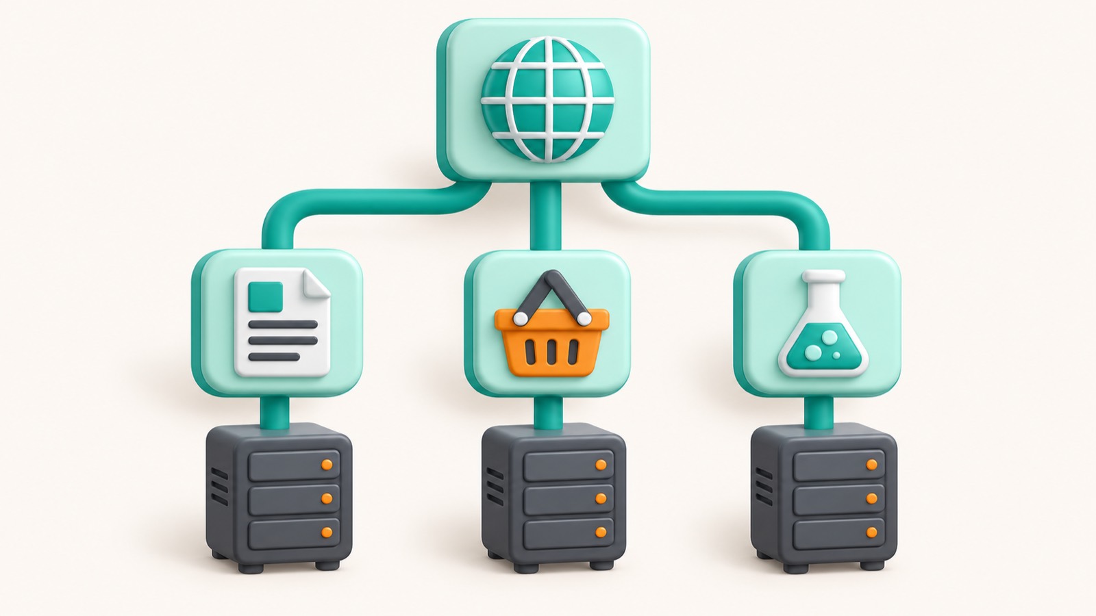 Схема поддоменов blog, shop и test, ведущих на разные серверы