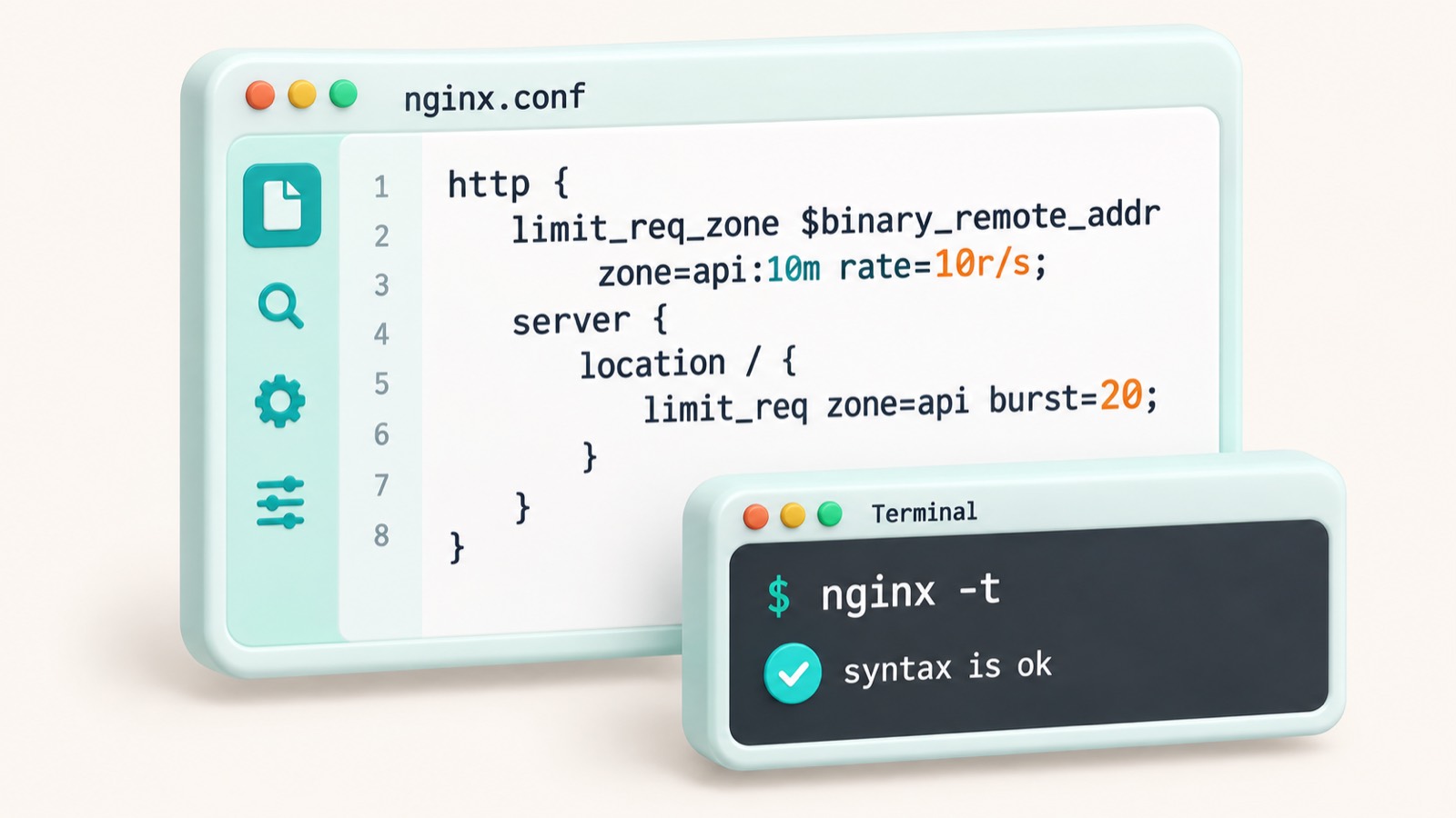 Конфигурация nginx с директивой limit_req_zone и rate 10r/s